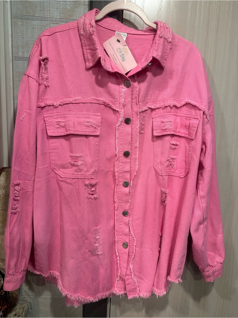 Women’s Pink Distressed Button-Front Jean Jacket